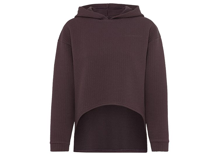 Discover your ideal 2024 wardrobe addition: a dark brown hooded sweatshirt with textured fabric and an asymmetrical hem. Perfect for any style enthusiast featured in the duPont REGISTRY or as a unique inclusion in your Valentine's Day Gift Guide.