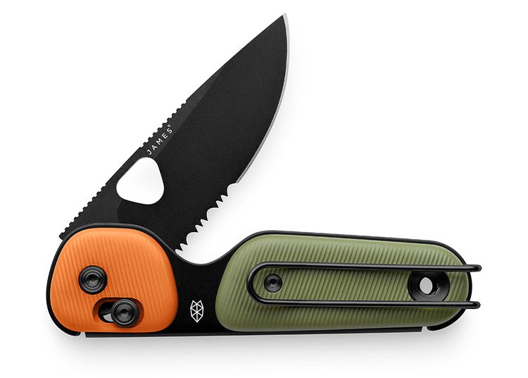 Discover the perfect addition for your 2024 gear collection with this folding knife—a sleek black blade with a serrated edge, complemented by vibrant orange and green handles. As seen in the duPont REGISTRY, it's an ideal choice for any enthusiast's wish list.