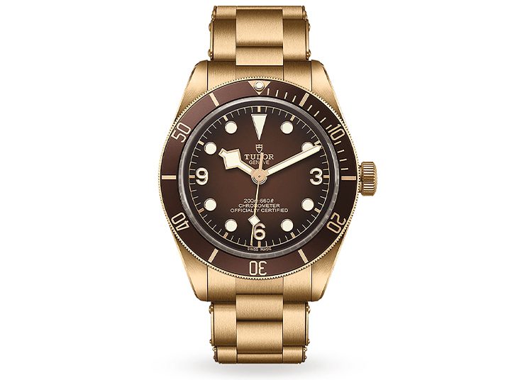 Featured in the 2024 duPont REGISTRY Valentines Day Gift Guide, this bronze wristwatch boasts a brown dial and bezel with round hour markers and luminous hands. Its bracelet with a deployment clasp ensures comfort, while markings confirm its water resistance and chronometer certification.