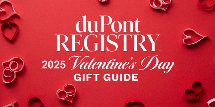 On a red background, white text announces "duPont REGISTRY 2025 Valentine's Day Gift Guide," adorned with paper heart shapes.