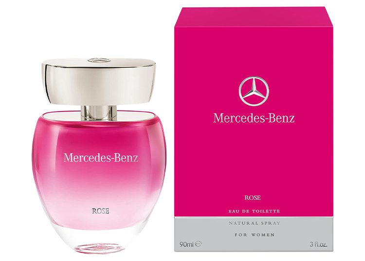 Mercedes-Benz Rose Eau de Toilette for women, in a 90ml bottle with a pink box, featuring the iconic Mercedes-Benz logo. Perfect for the 2024 Valentine's Day Gift Guide.