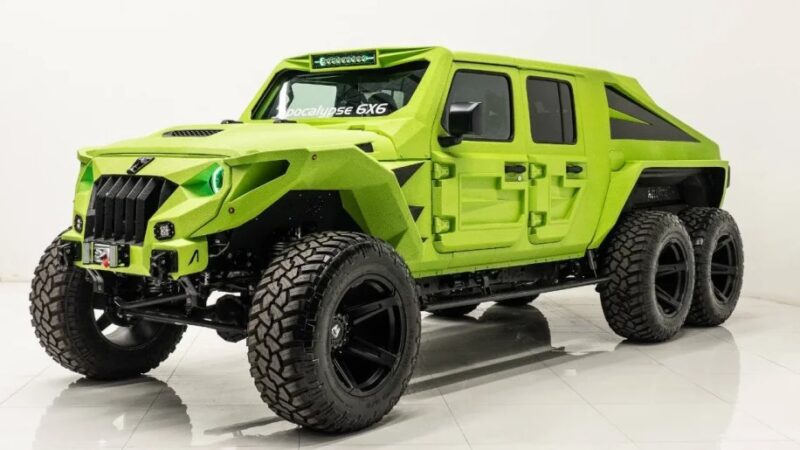 A bright green modified off-road truck with a 6x6 wheel configuration stands proudly on a white background, exuding the festive spirit of St. Patrick's Day.