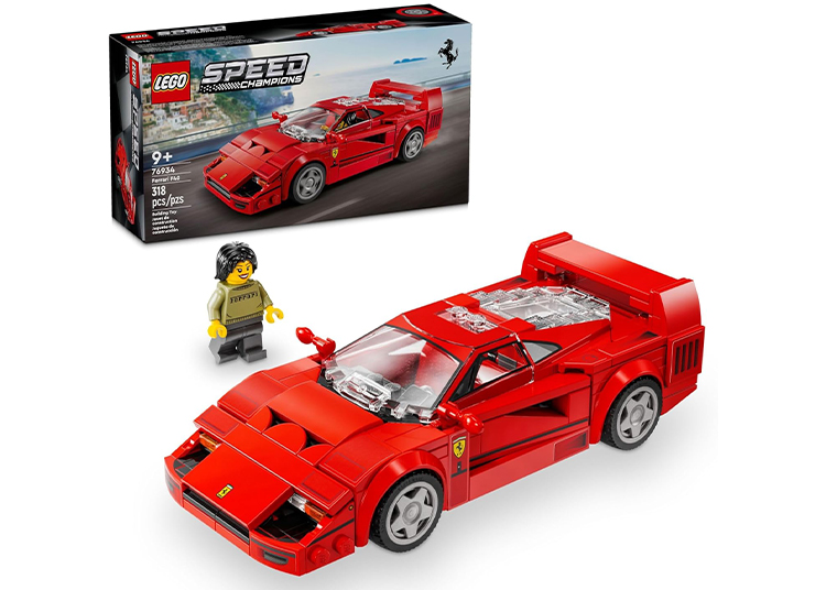 LEGO Speed Champions set showcases a sleek red Ferrari model, ideal for passionate Ferrari enthusiasts. Includes a detailed mini-figure and a backdrop displaying the box with product details.