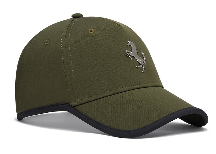 Perfect for Ferrari enthusiasts, this olive green baseball cap features a silver prancing horse logo on the front and a sleek black trim along the brim. A true gear essential for any Ferrari owner's wardrobe.