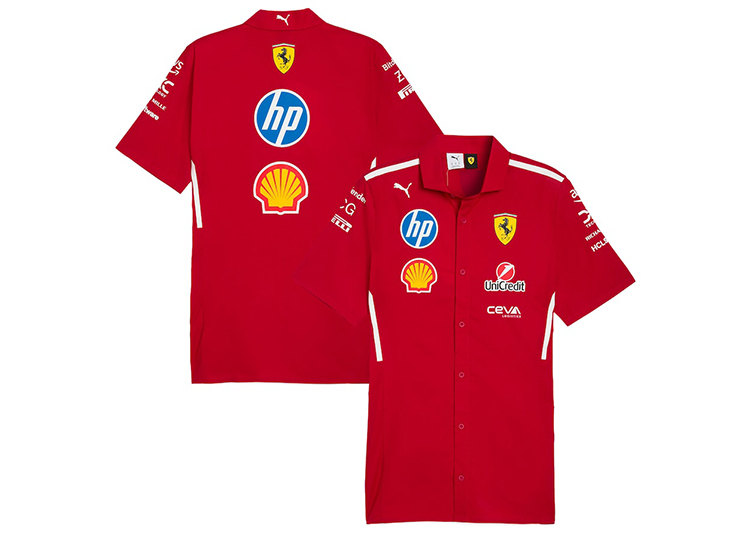 Red short-sleeved button-up shirt for Ferrari enthusiasts with multiple sponsor logos, including HP, Shell, and Ferrari. A must-have gear piece for fans, displayed both front and back.