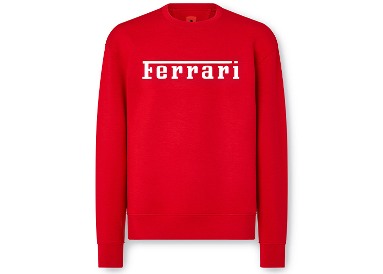 Red sweatshirt with "Ferrari" printed in white on the front, a must-have for Ferrari enthusiasts looking to showcase their passion.