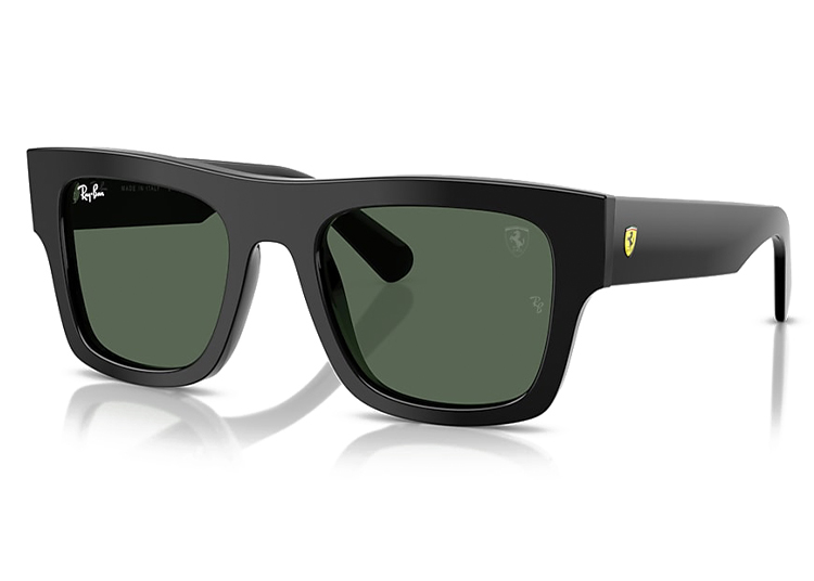 Black sunglasses with dark green lenses, featuring a Ferrari logo on one side and a Ray-Ban logo on the other—essential accessories for enthusiasts who appreciate luxury and style.