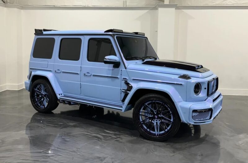 A light blue luxury SUV with tinted windows and sporty black rims, this performance powerhouse is parked in a showroom, showcasing the epitome of super SUVs.