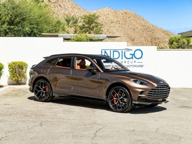 A brown luxury SUV, showcasing both practicality and performance, is parked outdoors with mountains and greenery in the background.