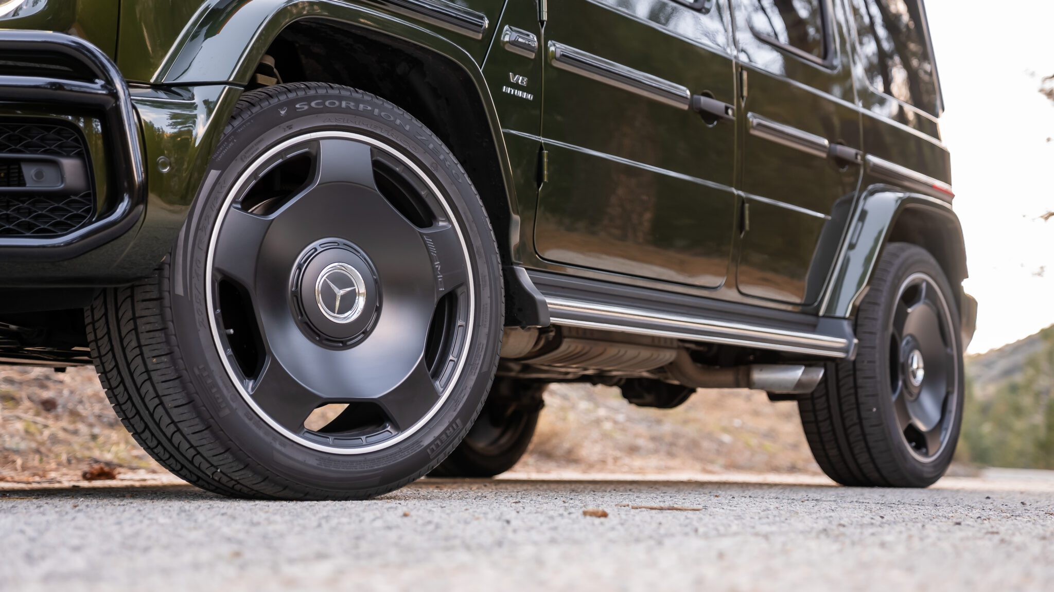 An image of an SUV's wheels.