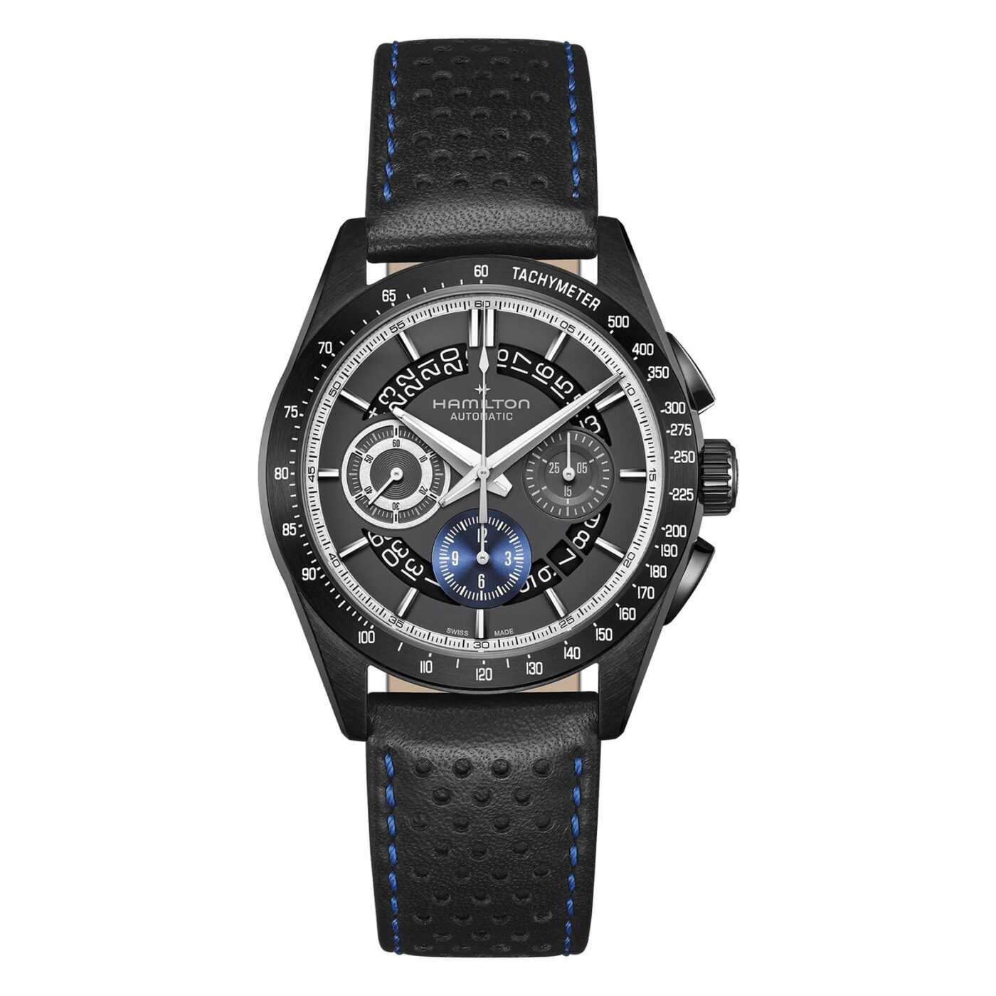 A black Hamilton automatic wristwatch with a perforated leather strap, blue stitching, and a chronograph dial featuring multiple subdials and tachymeter markings—showcasing the essence of chronographs inspired by automotive luxury.