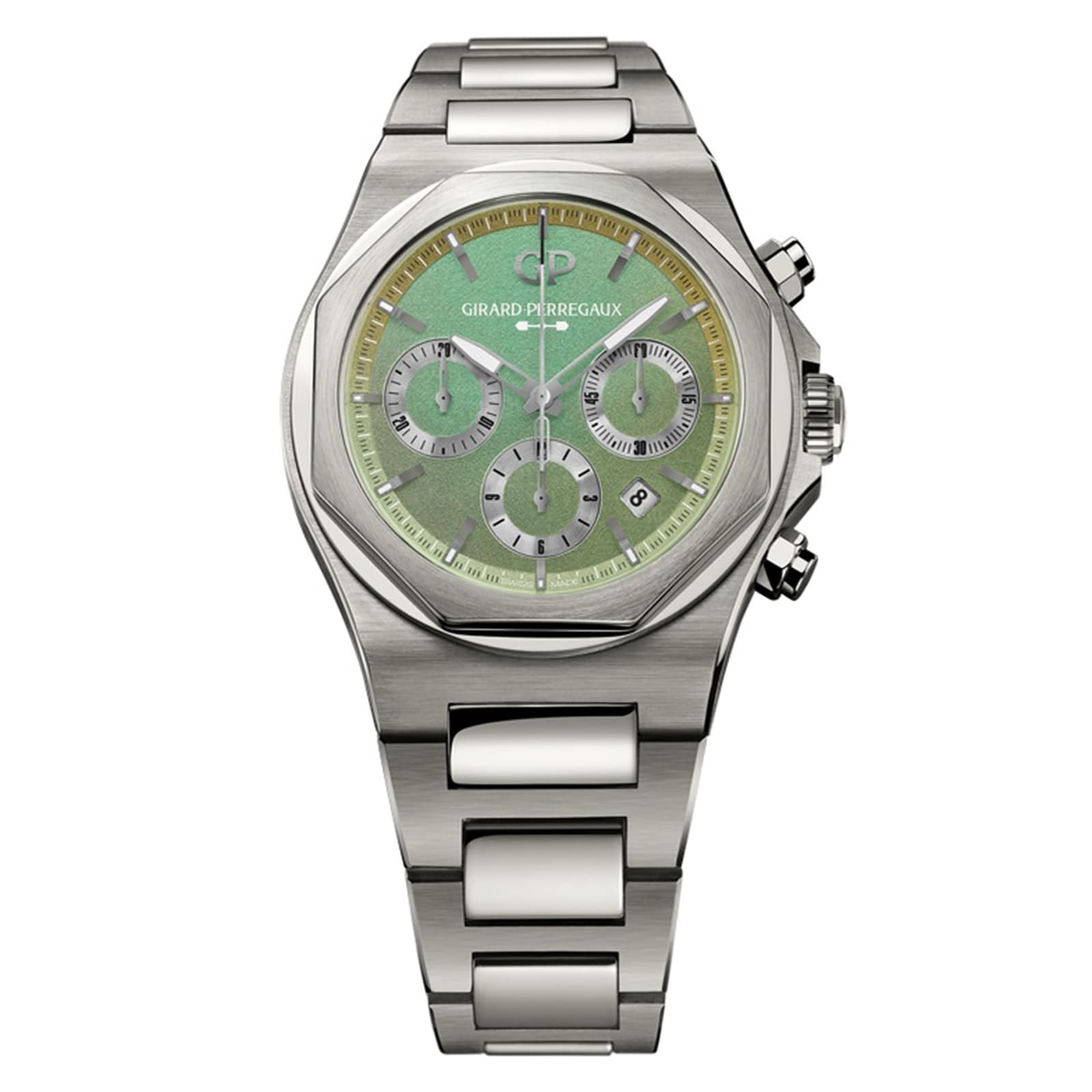 A stainless steel wristwatch with a green dial, three subdials, a date window, and a metal link bracelet, inspired by automotive chronographs for a touch of racing-inspired elegance.