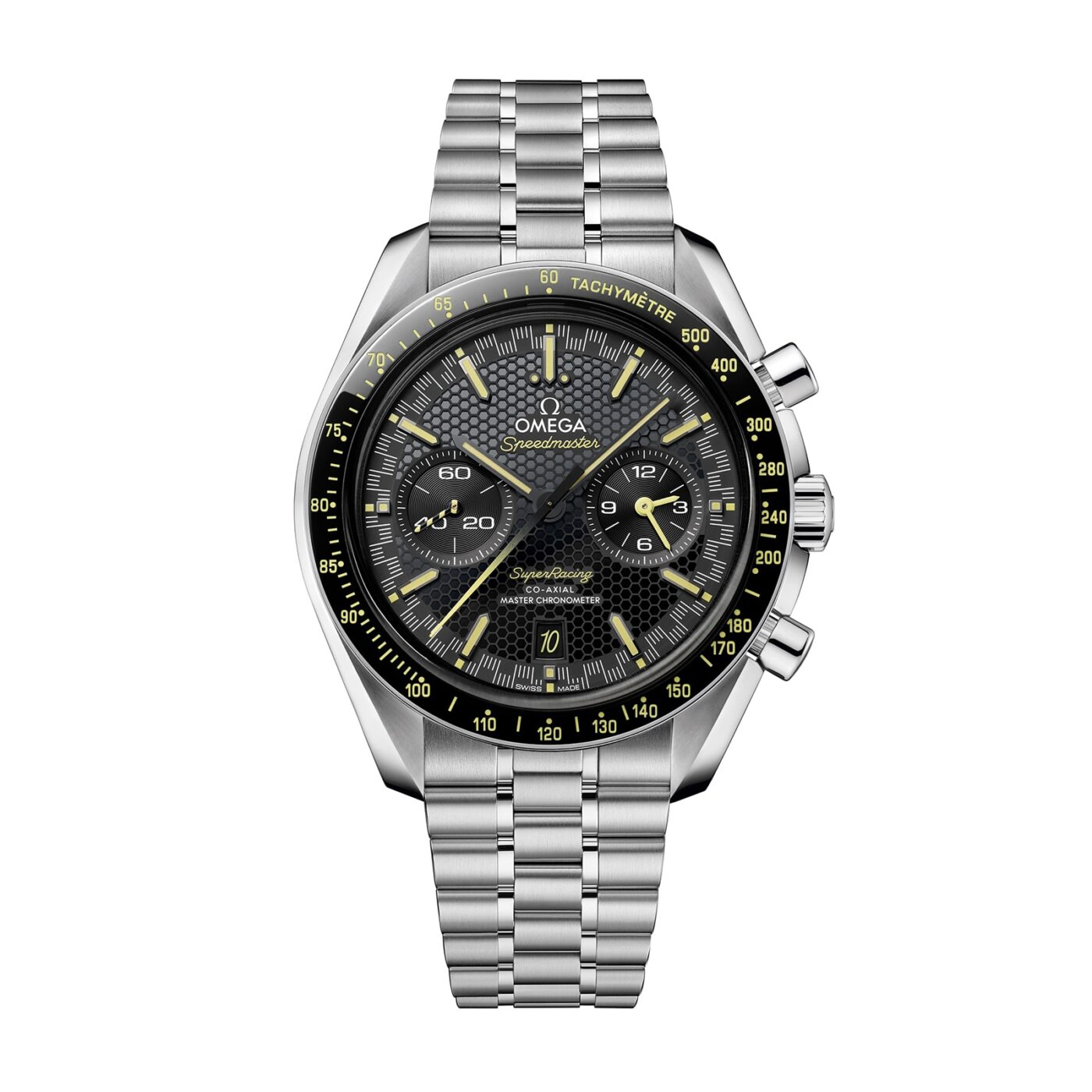 A stainless steel Omega Speedmaster wristwatch with a black and yellow tachymeter bezel, chronograph dials, and a linked metal bracelet—an icon among luxury chronographs—shown against a white background.