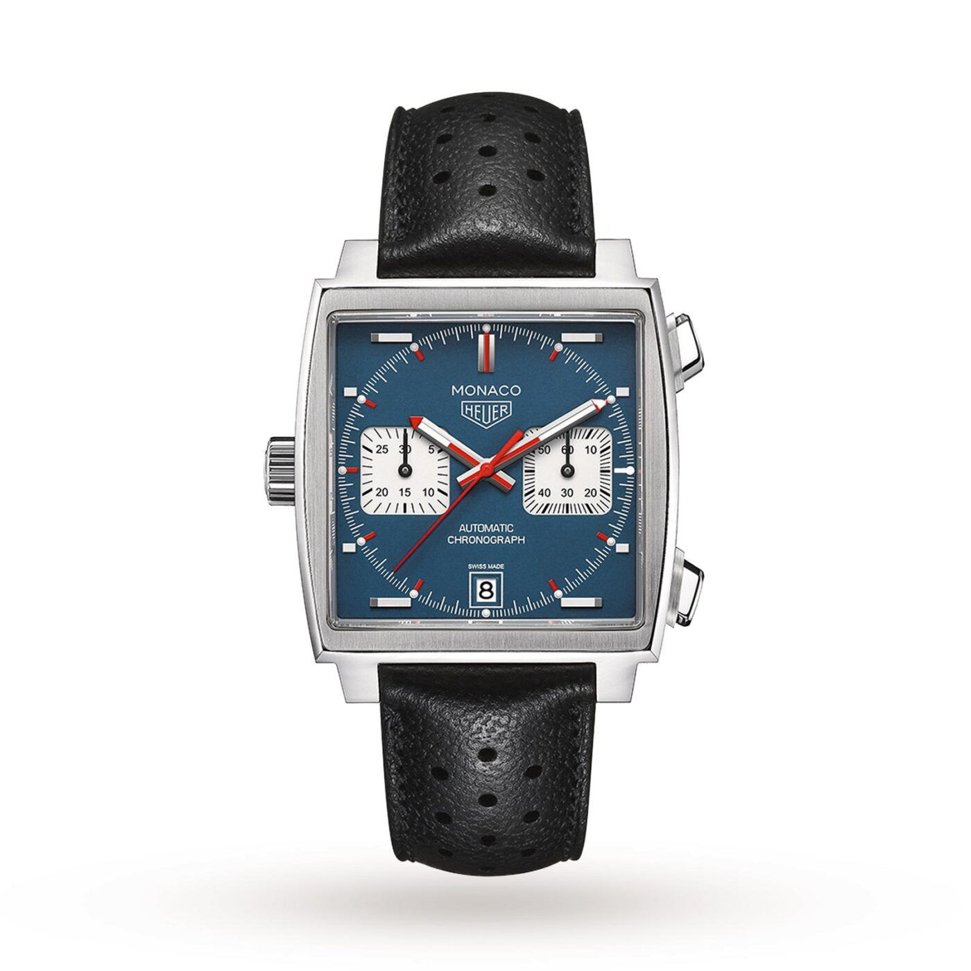 A square-faced TAG Heuer Monaco, the ultimate in luxury chronographs, featuring a blue dial, two white subdials, red hands, date display, and a black perforated leather strap inspired by classic automotive design.