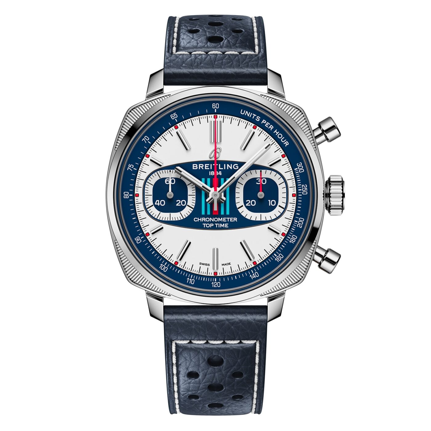 Breitling Top Time luxury chronograph watch with a white and blue dial, two subdials, tachymeter scale, and a perforated blue leather strap inspired by classic automotive design.