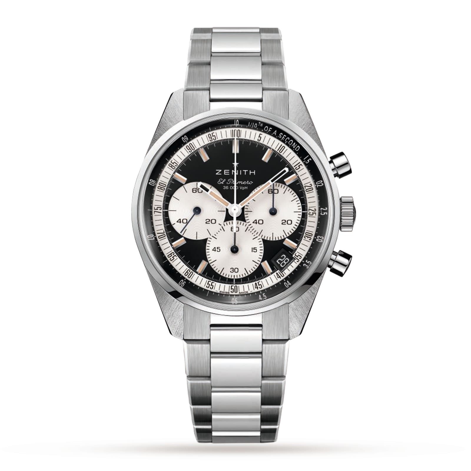 A stainless steel Zenith chronograph wristwatch with a black and white dial, three subdials, and a metal bracelet—an automotive-inspired piece epitomizing luxury chronographs.