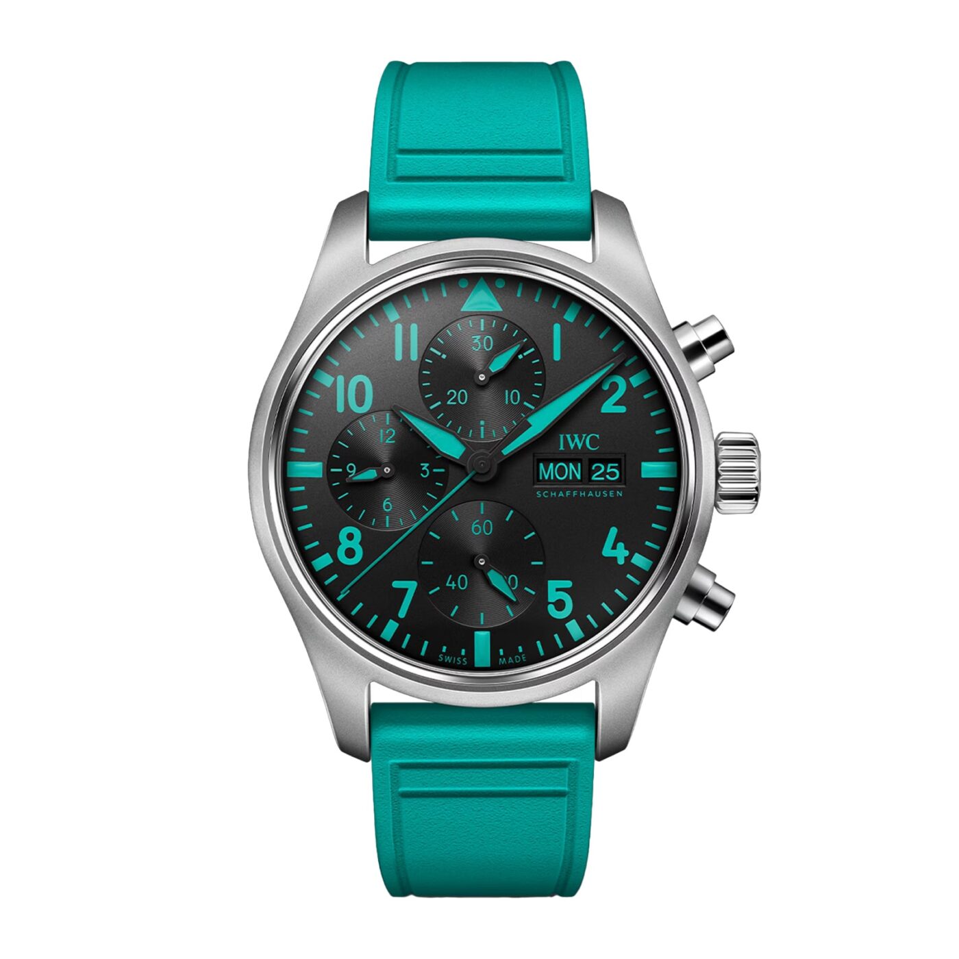 A stainless steel wristwatch with a black dial, teal numerals and hands, three subdials, and a teal rubber strap evokes automotive luxury—displaying the day and date as Monday the 25th in true luxury chronographs style.