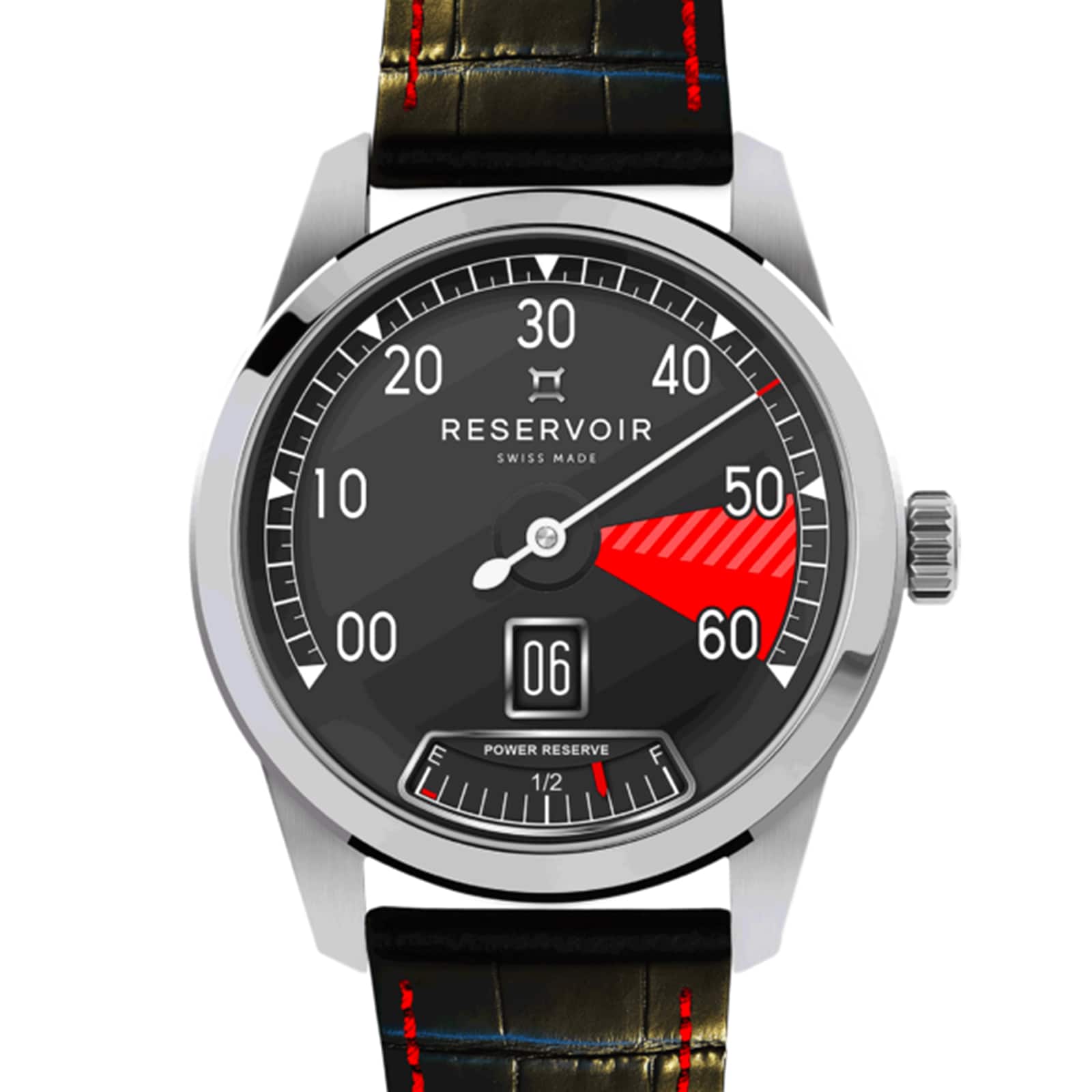 A black Reservoir wristwatch inspired by automotive design, featuring a single hand, power reserve indicator, date display, and a black leather strap with red stitching—a true addition to any luxury chronographs collection.
