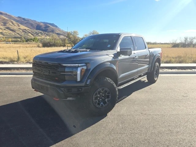 A gray Ford pickup truck, known for its comfort and capability, is parked on a paved road with grassy fields and a hill in the background under a clear sky.