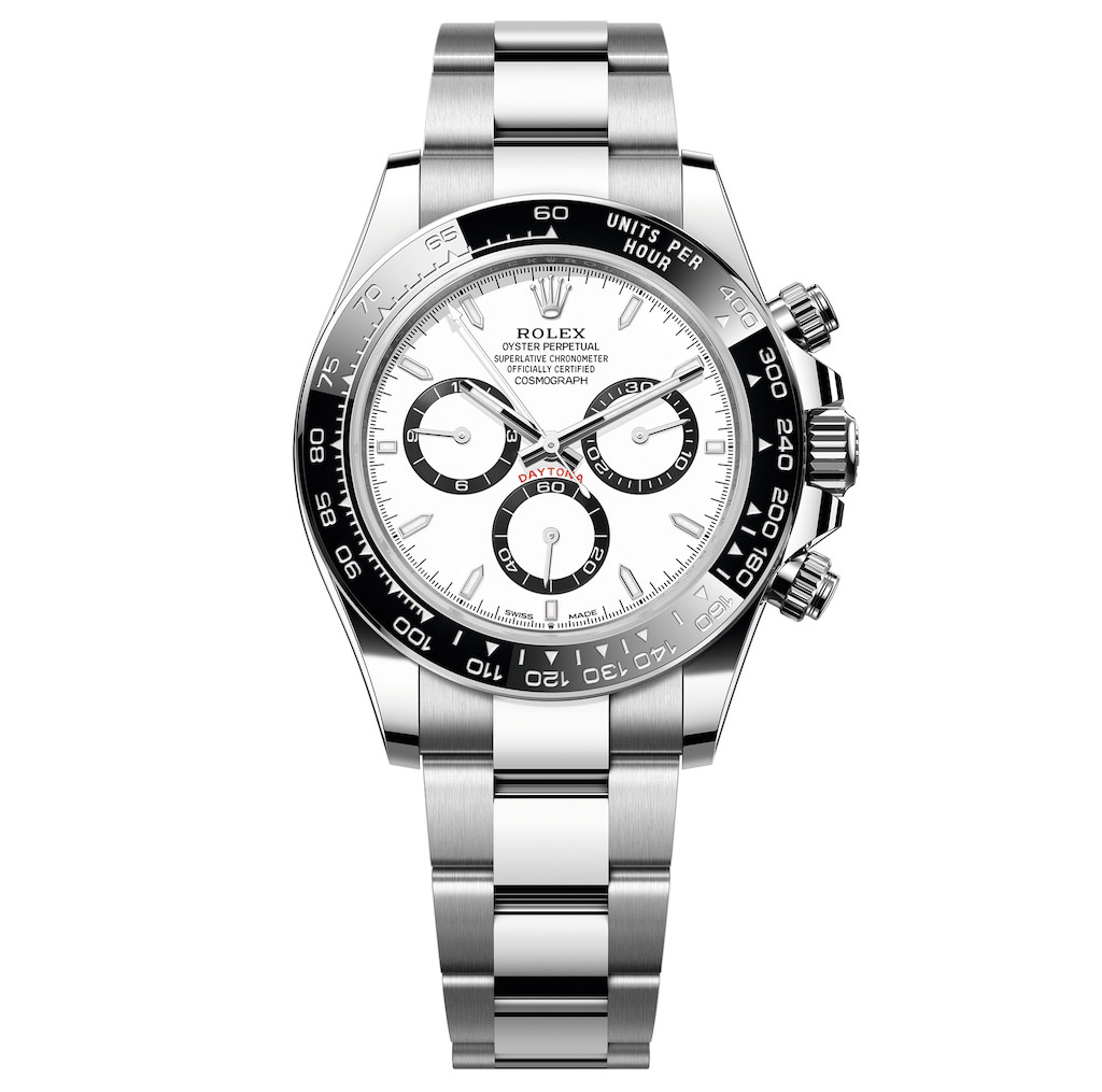 A stainless steel luxury chronograph wristwatch with a white dial, black bezel, three sub-dials, and an Oyster bracelet—an iconic choice inspired by automotive excellence. The dial is marked "Rolex Oyster Perpetual Cosmograph Daytona.