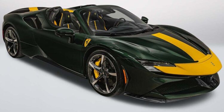 A green Ferrari convertible sports car with yellow racing stripes and interior accents, displayed in a studio setting—an eye-catching example of Italian supercars offered by Ferrari of San Antonio.