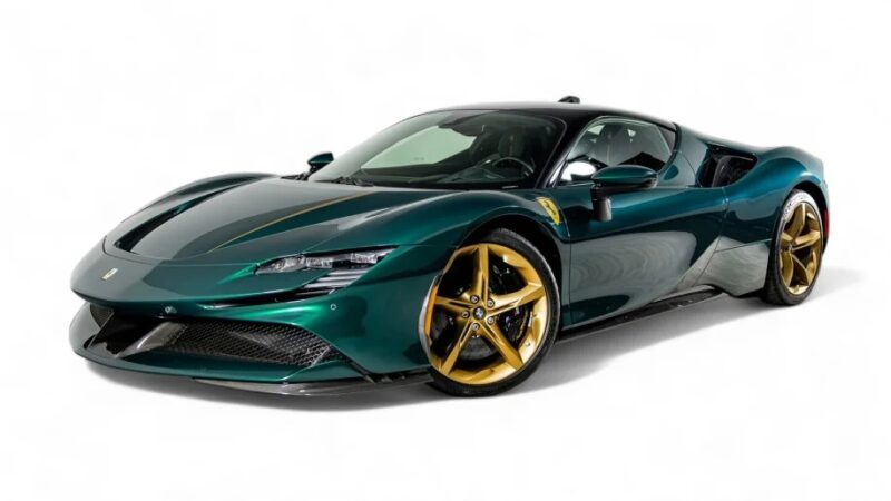 A vibrant green Ferrari sports car with dazzling gold rims is shown against a pristine white background, capturing the essence of elegance and speed.