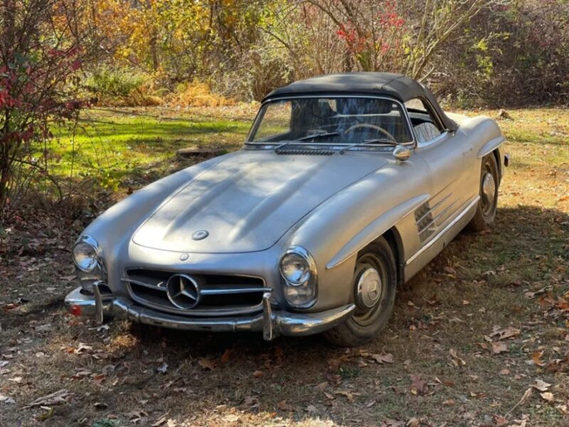 A luxury vintage silver sports car with a black roof, possibly a rare Mercedes-Benz model, is parked outdoors on a grassy area surrounded by trees and autumn foliage.