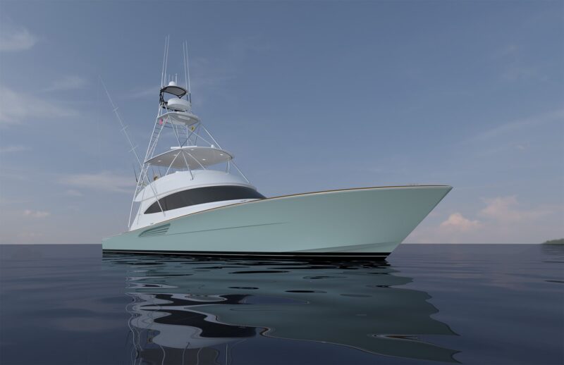 A large luxury yacht sits on calm water under a clear sky, viewed from a low angle at the front, reminiscent of the stunning vessels showcased at the 2024 Fort Lauderdale International Boat Show.