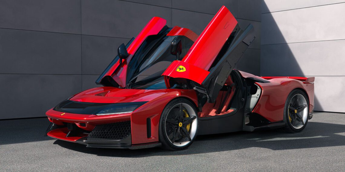 A striking red hypercar with gull-wing doors open, parked gracefully on a concrete surface. The sleek design lines are a testament to its engineering prowess, complemented by the iconic Ferrari logo on the side.