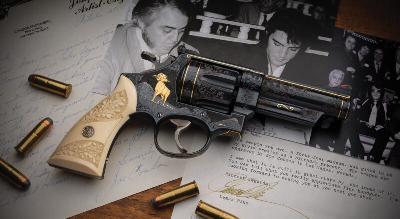 A classic Colts revolver with ornate engravings and an ivory grip rests atop vintage letters and a black-and-white photo, surrounded by bullets, evoking a timeless Concours d'Elegance.