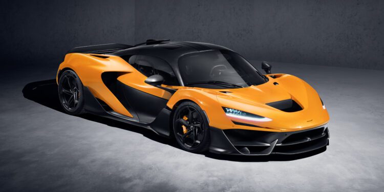 A digital image of a McLaren W1 parked in a studio.