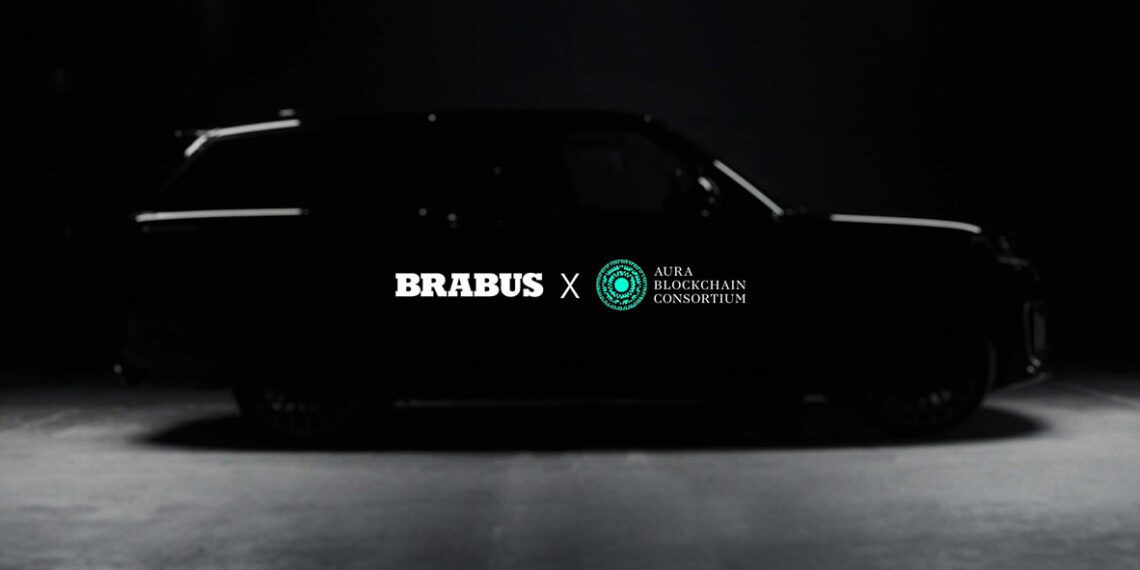 Silhouette of a black car with the logos "BRABUS" and "Aura Blockchain Consortium" on a dark background, embodying the essence of Masterpiece Supercars.