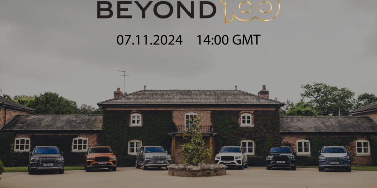 A lineup of Bentley cars graces the front of a house with "BEYOND 100" text, hinting at a special presentation. Save the date: 07.11.2024 at 14:00 GMT and join us via livestream to possibly witness a new EV model unveiling.