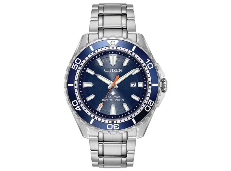 A standout in any watch collection, this Citizen Eco-Drive diver's watch boasts a blue and silver design with a date display, luminous markers, and 200m water resistance, all while remaining within the affordable watches category.