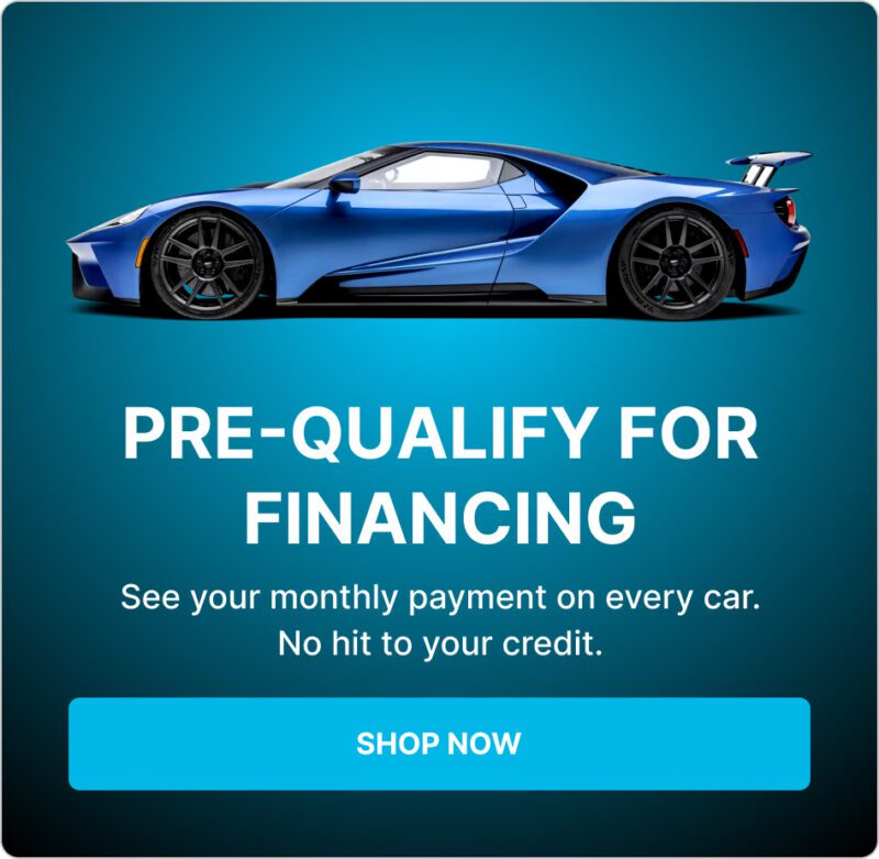 A blue sports car against a teal background with the text: "Pre-qualify for Exotic Car Financing. See your monthly payment on every car. No hit to your credit. Shop Now.