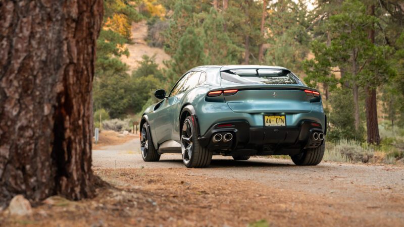 A sleek, teal sports car is parked on a quiet, tree-lined road in a wooded area, surrounded by green foliage and a large tree trunk in the foreground.