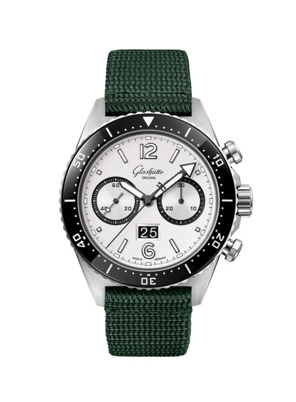 The SeaQ Chronograph by Glashütte Original features a white face, black bezel, and green fabric strap. This exquisite timepiece showcases two subdials and a date window, perfect for those who appreciate precision and style.