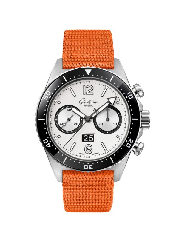 Introducing the Glashütte Original SeaQ Chronograph: a wristwatch with a white face, two subdials, black bezel, luminous markers, and an orange textured strap. Featuring a date display at 6 o'clock, this new watch boasts an elegant and modern design.