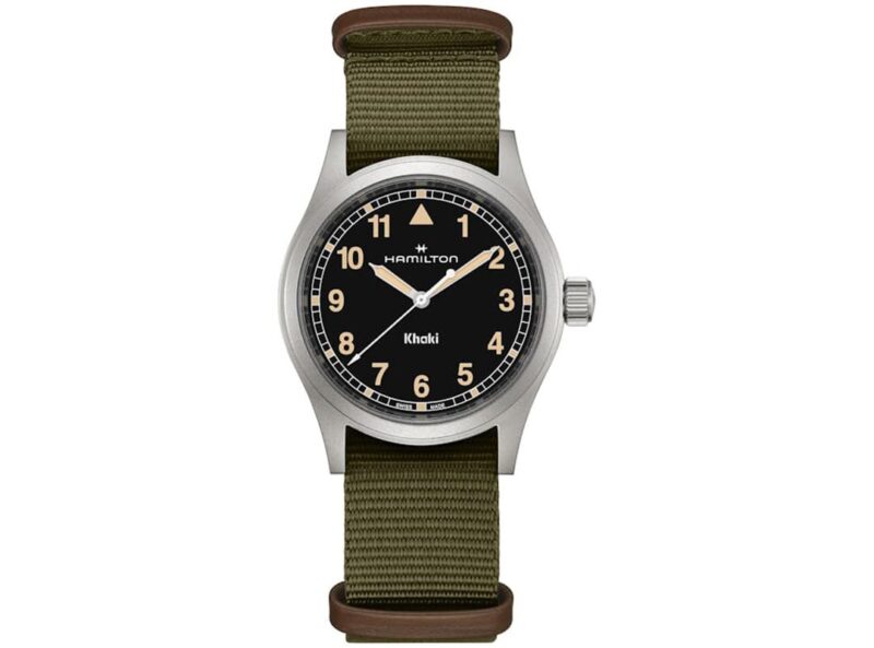 This affordable wristwatch features a green nylon strap, black dial, and Arabic numerals. With its sleek silver casing, the "Hamilton Khaki" is an excellent piece to start your collection with watches under $500.