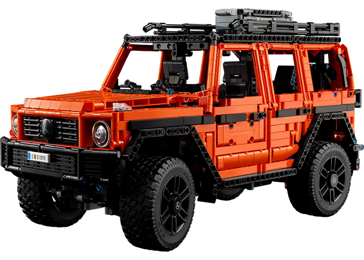 Explore the automotive-inspired LEGO set featuring an orange off-road SUV with a roof rack, detailed front grille, and large tires. This striking model is perfect for display or play, making it one of the best LEGO sets available.