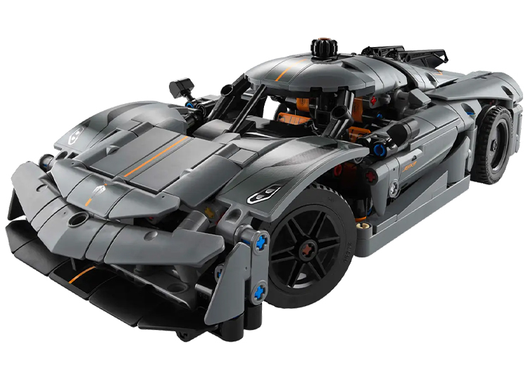 A detailed Lego model of a sleek, gray sportscar with black accents, showcasing curved surfaces and visible mechanical elements. Part of exclusive LEGO sets for automotive enthusiasts, it boasts vibrant orange interior details perfect for display in your shop or personal showroom.