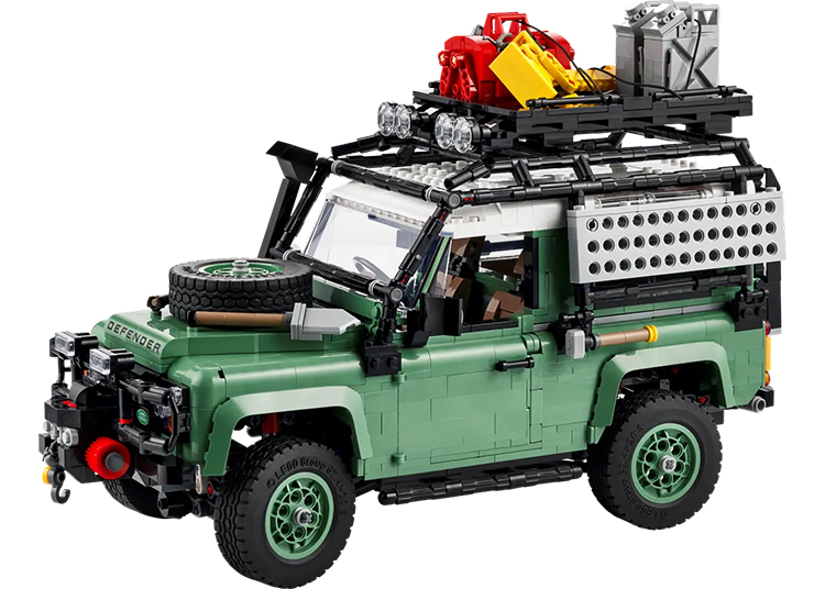 Explore the ultimate automotive legend with this LEGO model of a green off-road vehicle. Equipped with a roof rack, spare tire, gas canisters, and toolbox, it's an adventure waiting to happen. Shop now for an exciting build!.