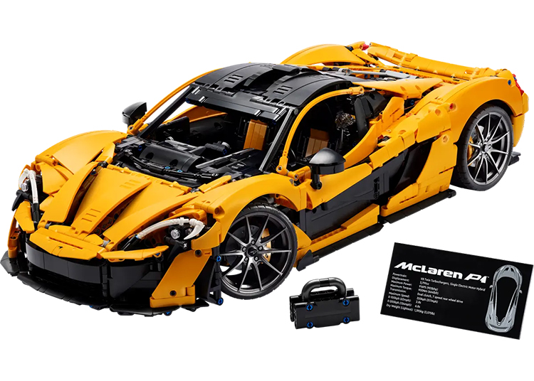 The yellow and black Lego McLaren P1 model boasts detailed features and is displayed alongside a small plaque, making it an ideal addition to any collection of Automotive-Inspired LEGO Sets.