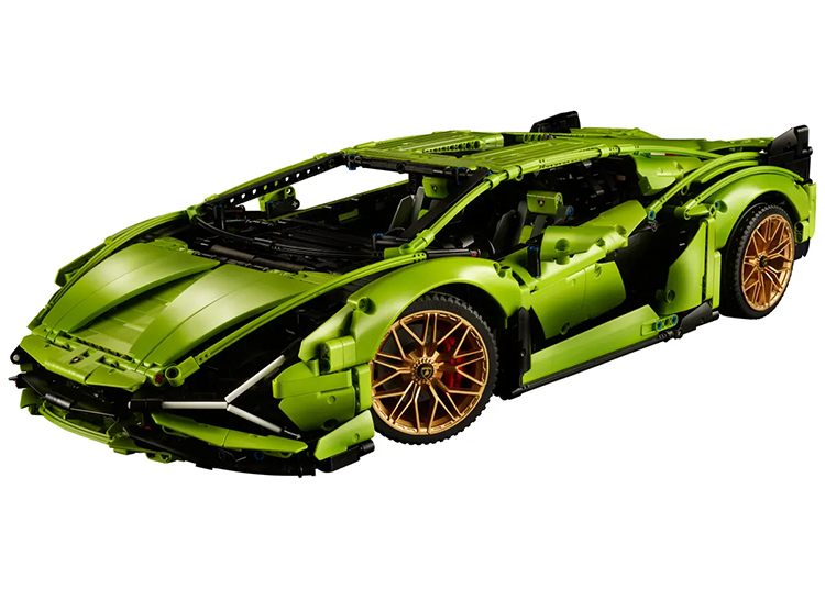 Green toy sports car model with gold rims and detailed design, resembling a high-performance supercar, perfect for fans of automotive-inspired LEGO.