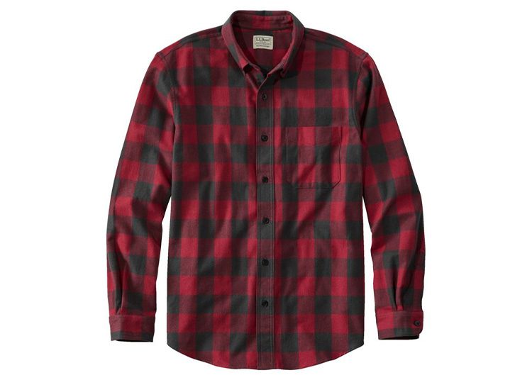 A red and black plaid long-sleeve button-up shirt with a front pocket, perfect for cooler months and featured in the Fall Shopping Guide.