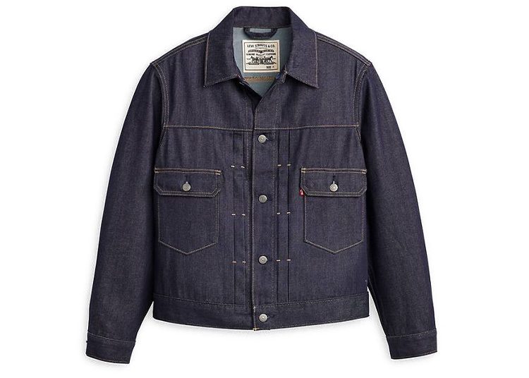 Dark blue denim jacket with button front, two chest pockets, and tan stitching—your perfect pick for the Cooler Months.