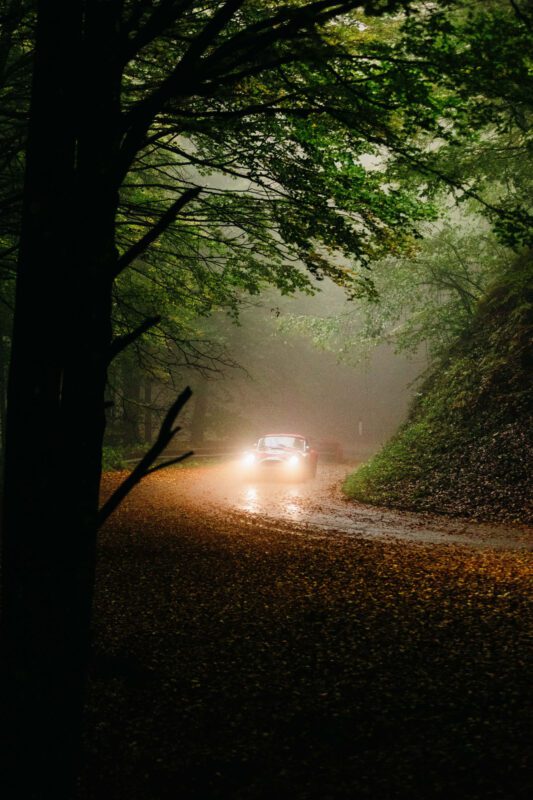 A 2024 Modena Cento Ore glides with its headlights on, carving through a foggy, tree-lined road blanketed with fallen leaves.