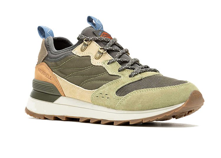 A multi-tone sneaker with green, beige, and brown details features a mesh fabric, suede overlays, and a chunky sole—perfect for cooler months as highlighted in the duPont REGISTRY Fall Shopping Guide.