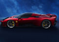 A sleek, red Ferrari sports car with a black roof and aerodynamic design is viewed from the side against a blue background, capturing the essence of a hypercar.