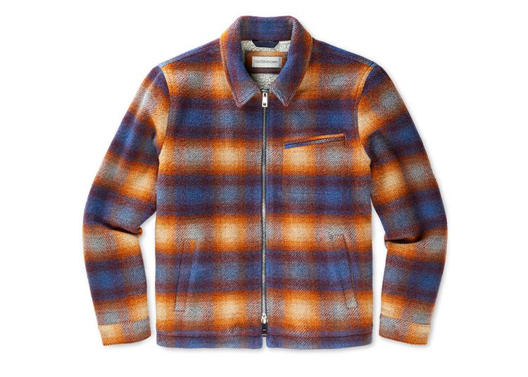 Plaid wool jacket with a front zipper, featuring shades of orange, blue, and gray—an ideal addition to your Fall Shopping Guide for the cooler months.